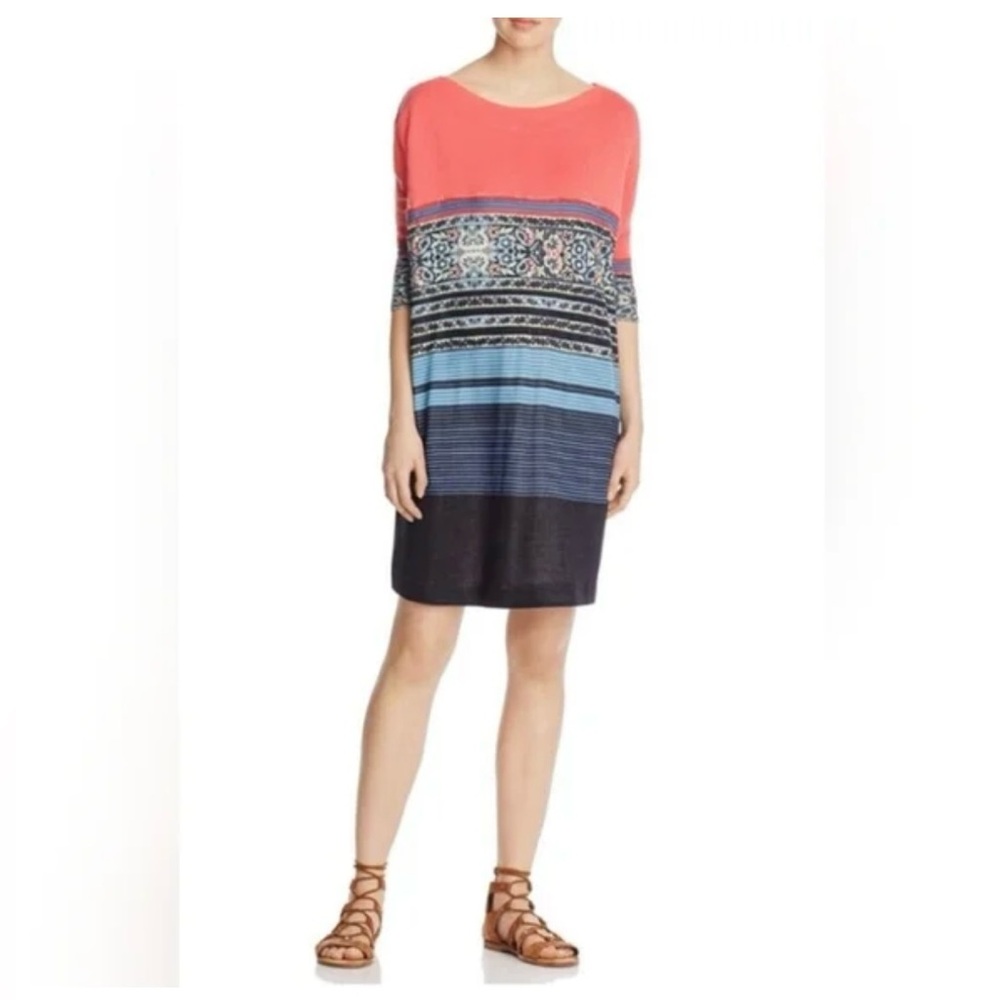 Free People Orange and Blue Floral and Striped Pattern Dress